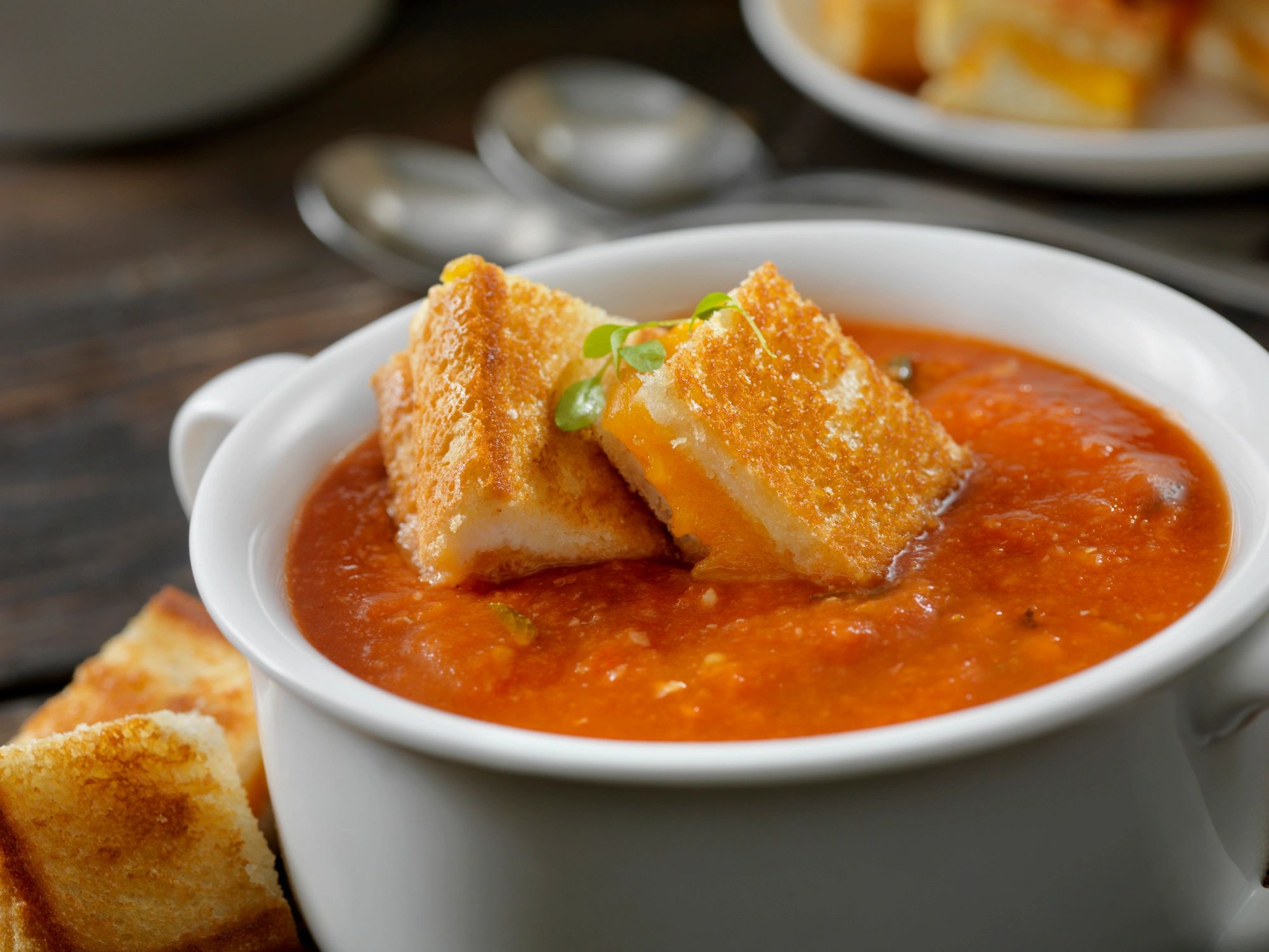 Grilled cheese croutons with tomato soup
