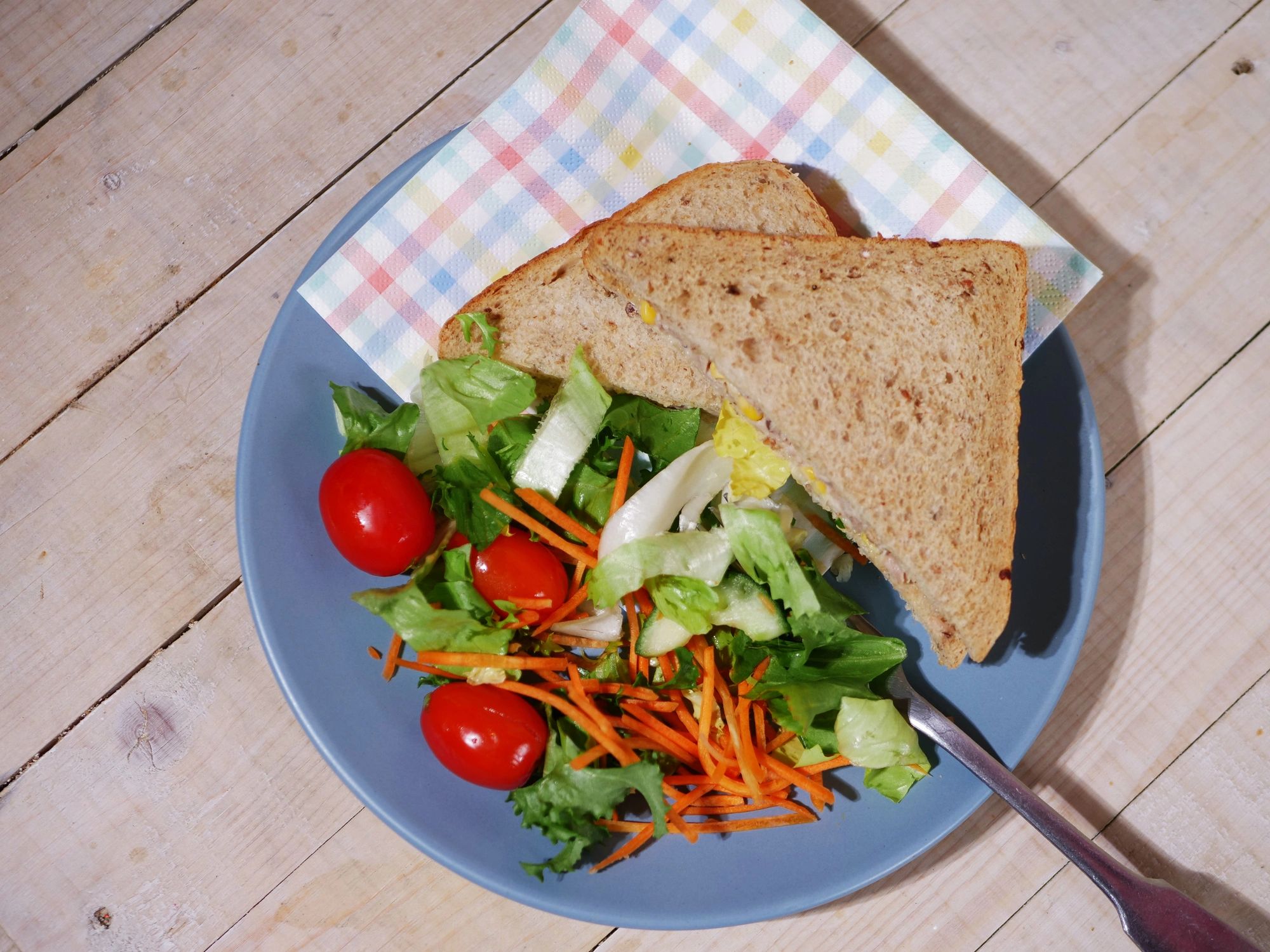 Tuna sandwich with a fresh salad, overhead view