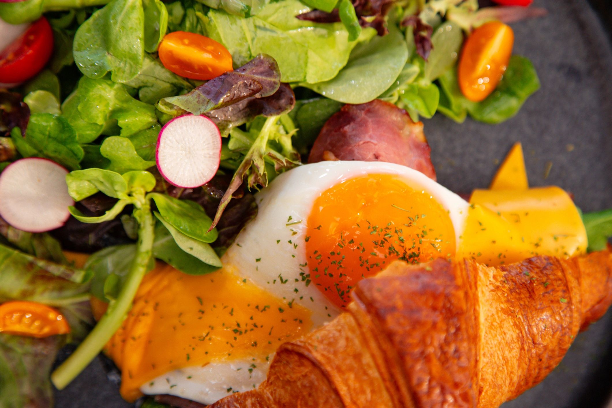 Croissant sandwich with egg and cheddar served with salad